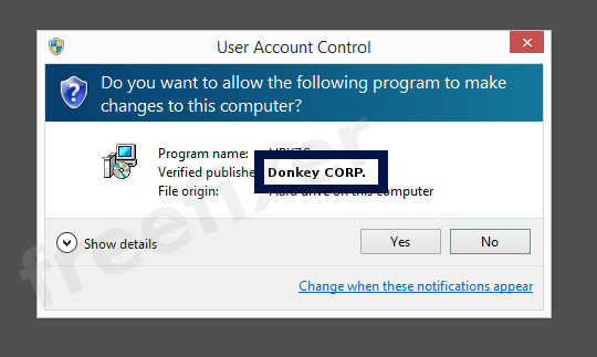 Screenshot where Donkey CORP. appears as the verified publisher in the UAC dialog